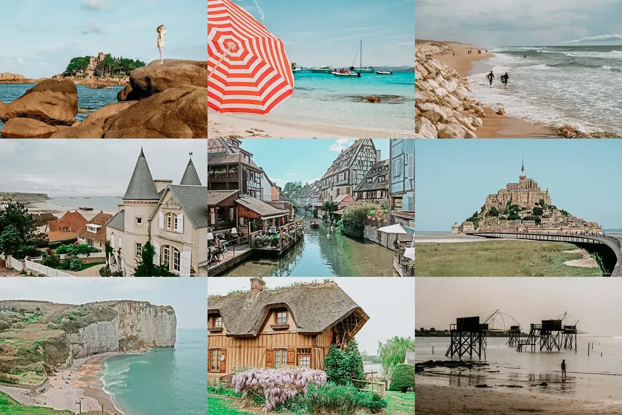 Ein bunter Collage-Überblick über einen Urlaub in Frankreich: Küsten, charmante Dörfer, Mont Saint-Michel und malerische Landschaften.