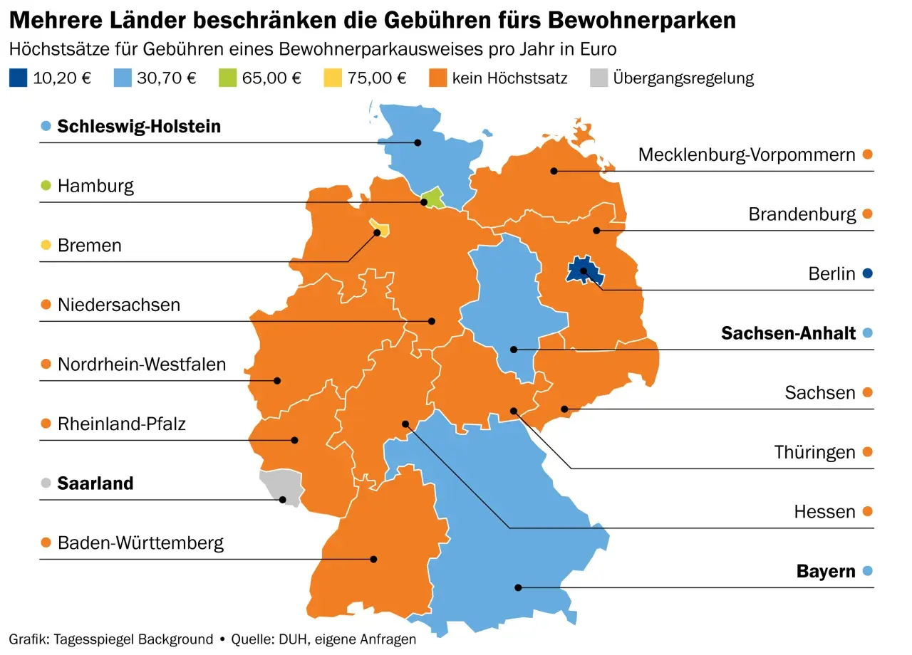 Karte zeigt, was kostet falschparken auf Anwohnerparkplatz: Gebühren für Bewohnerparkausweise in Euro, je nach Bundesland.