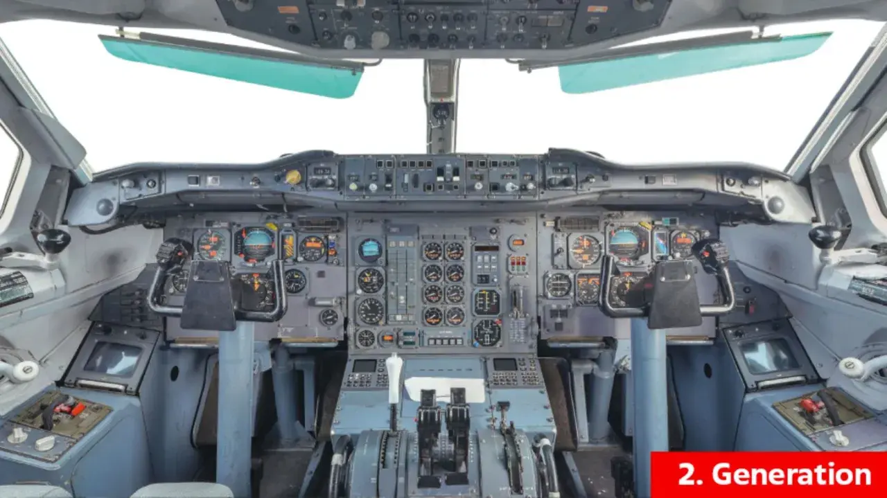 Das Cockpit eines Flugzeugs der 2. Generation, gefüllt mit zahlreichen Anzeigen und Hebeln, die für die Steuerung unerlässlich sind.