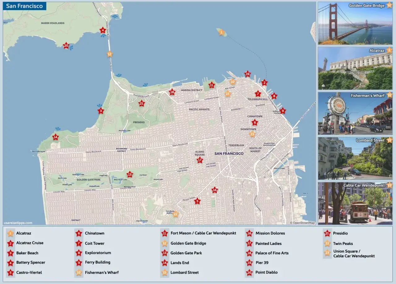 Karte von San Francisco mit Sehenswürdigkeiten und Routen. Hier finden Sie Tipps zum Parken in San Francisco.