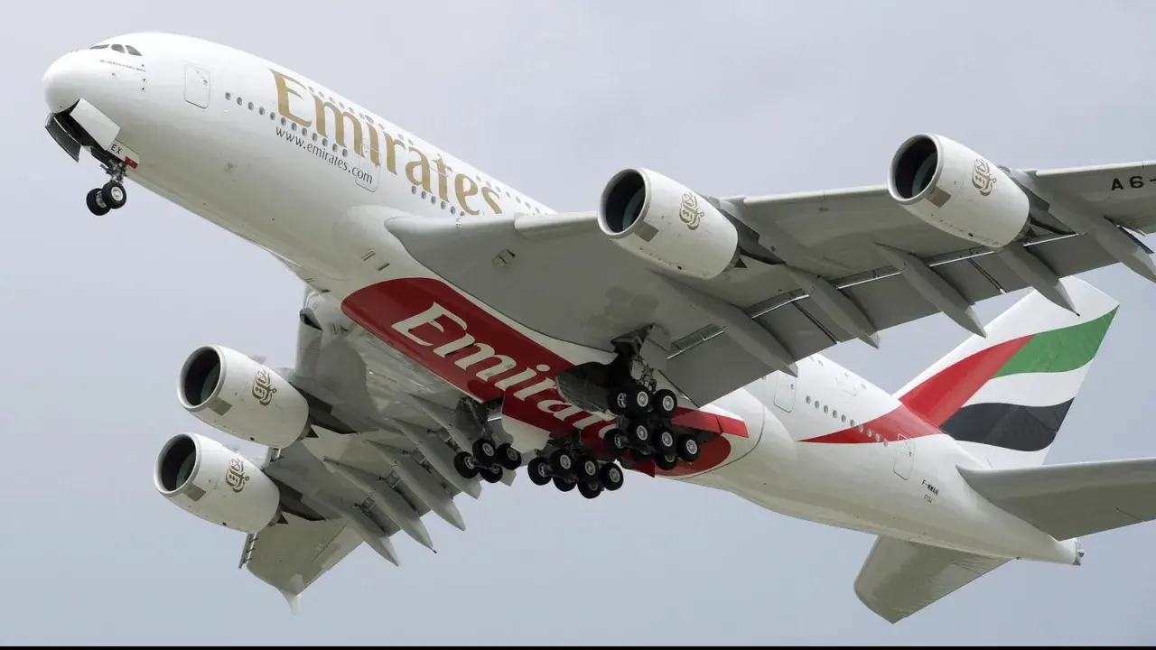 Emirates Airbus A380 hebt ab. Die technischen Daten dieses Giganten sind beeindruckend, mit vier Triebwerken und einer riesigen Spannweite.
