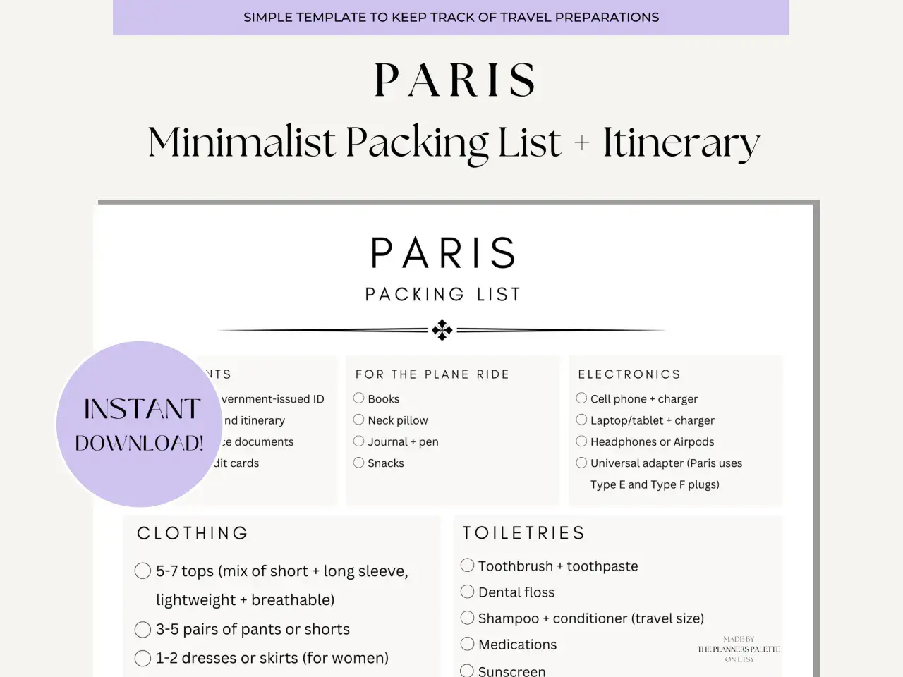 Minimalistische Packliste für Paris: Kleidung, Elektronik, Reiseutensilien & mehr. Perfekt für deine Reiseplanung!