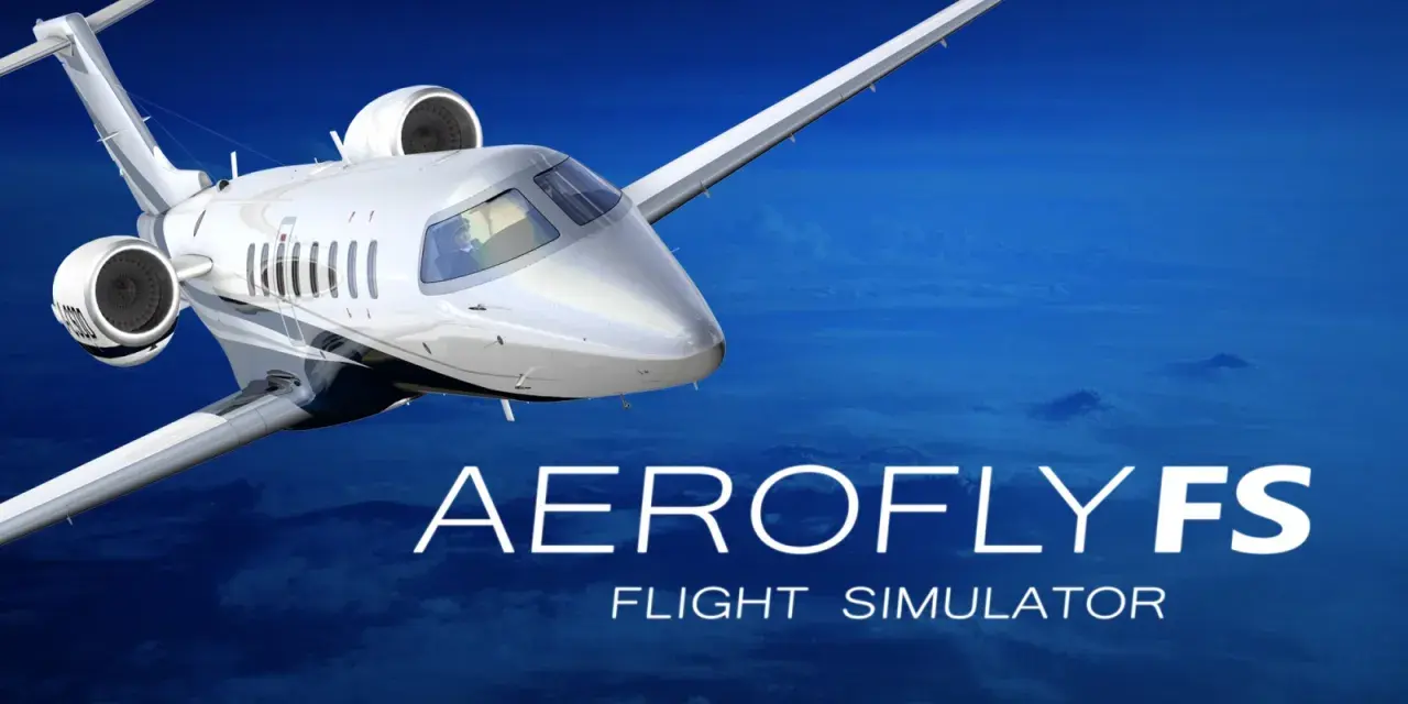 Ein weißer Jet fliegt über den Wolken. Der Schriftzug "AEROFLYFS FLIGHT SIMULATOR" deutet auf spannende **Spiele im Flugzeug** hin.