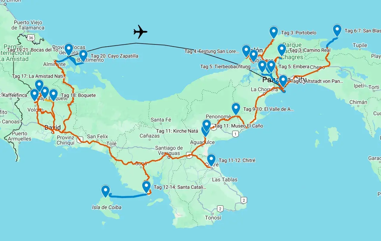 Reiseroute für einen Panama Urlaub: Von Bocas del Toro über David und Boquete bis nach Panama City und Isla de Coiba.