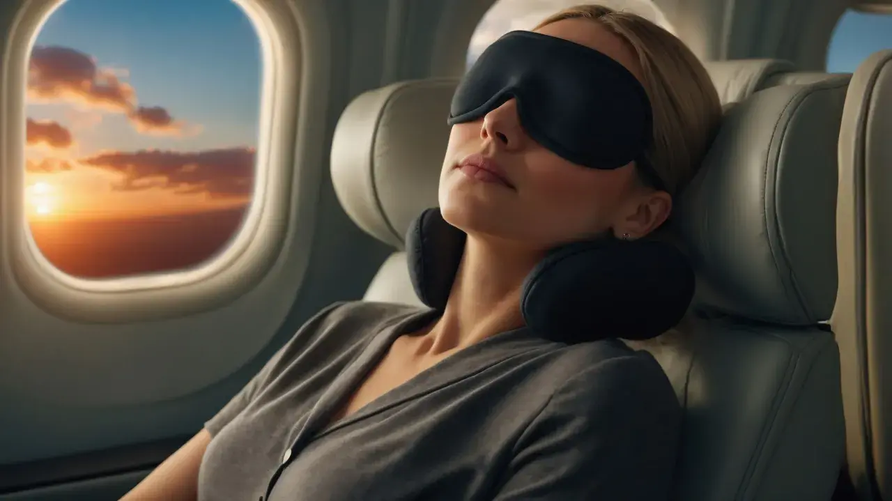 Frau schläft im Flugzeug mit Schlafmaske und Nackenkissen. Die Sonne geht unter und malt den Himmel in warmen Farben. Perfekt für die reise checkliste: Entspannung!