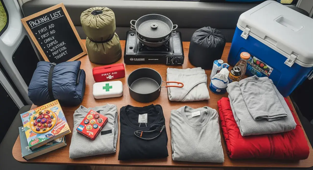 Checkliste Camping Wohnwagen: Schlafsäcke, Kocher, Kühltruhe, Kleidung, Erste-Hilfe-Kasten und Spiele für das Abenteuer.
