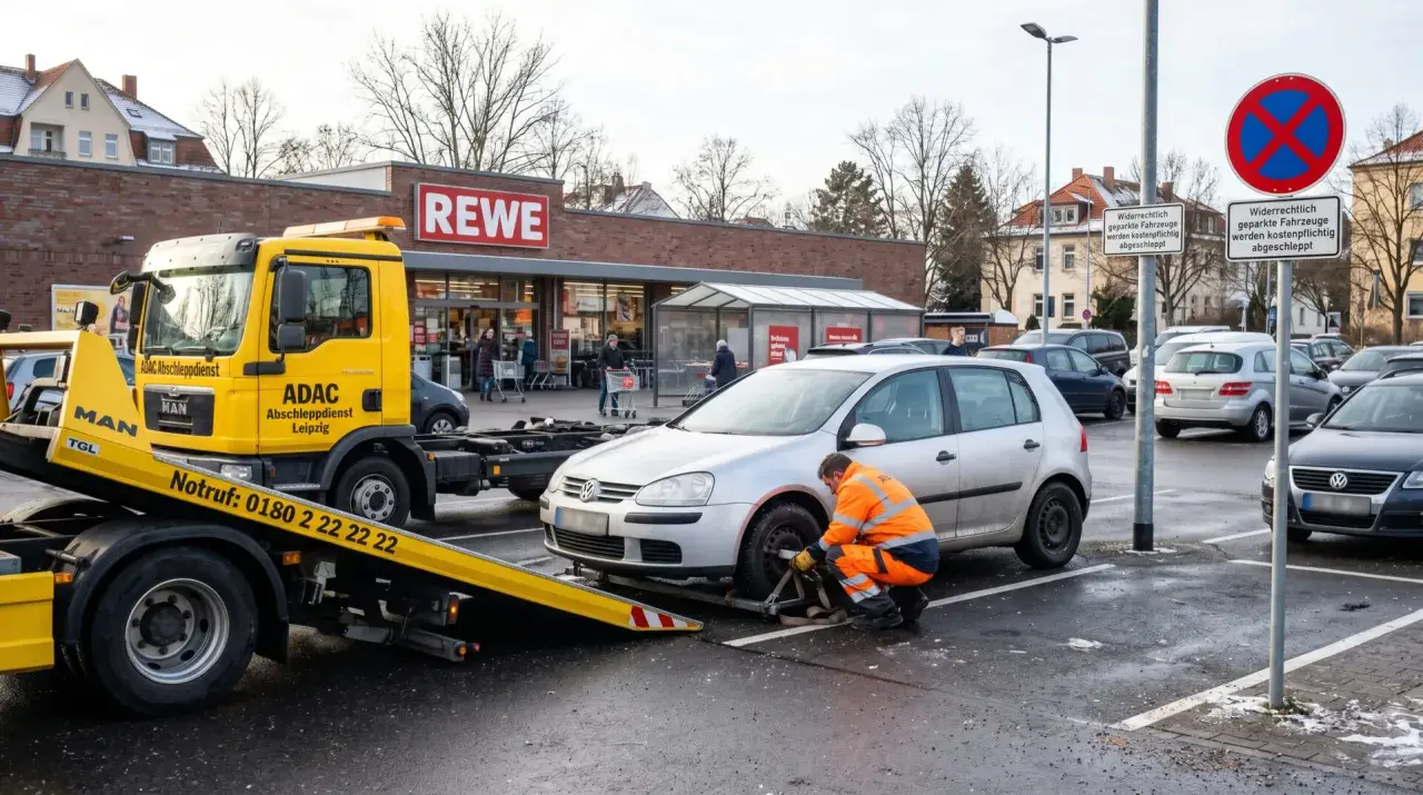 Ein Abschleppwagen des ADAC bereitet das Abschleppen eines falsch geparkten Autos vor. Einspruch gegen das Abschleppen ist hier zwecklos.