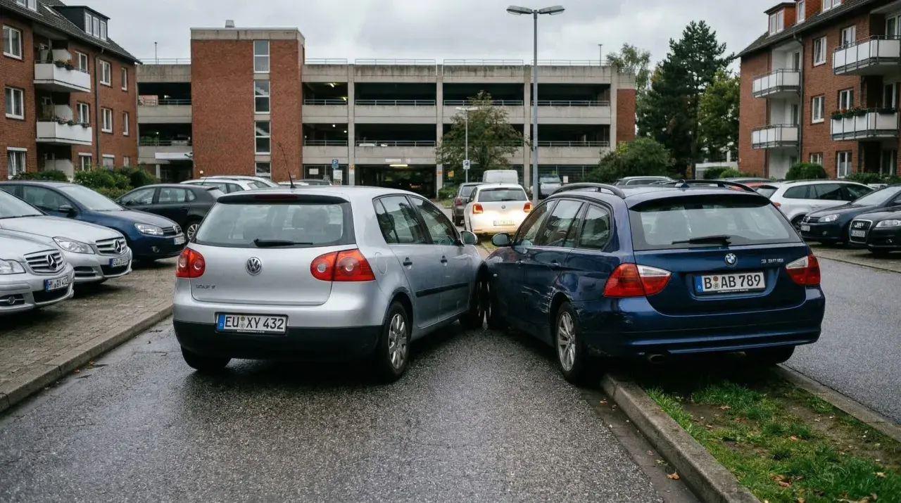 Zwei Autos stoßen auf einem Parkplatz zusammen. Ein blauer BMW hat Kratzer, der silberne VW steht daneben. Parkplatz Unfall immer Teilschuld.