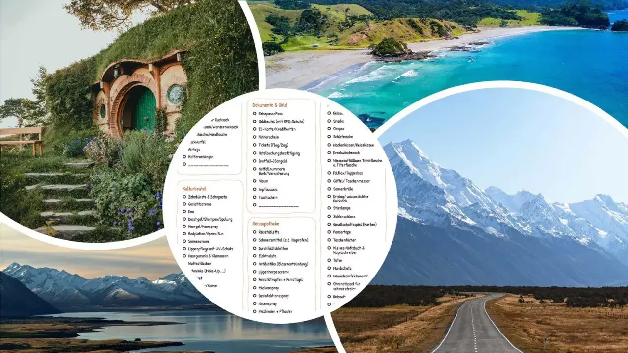 Packliste Neuseeland: Von Hobbit-Häusern über Traumstrände bis zu majestätischen Bergen – alles für deine Reise.