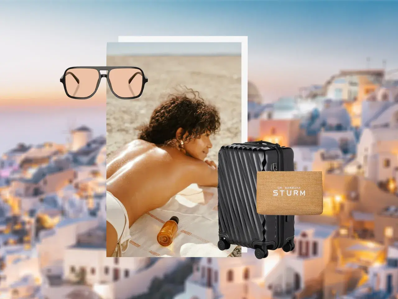 Sonnenbrille, Koffer und Sonnenöl – ideal, wenn du fragst, was zieht man in Griechenland an. Perfekt für den Strandurlaub!
