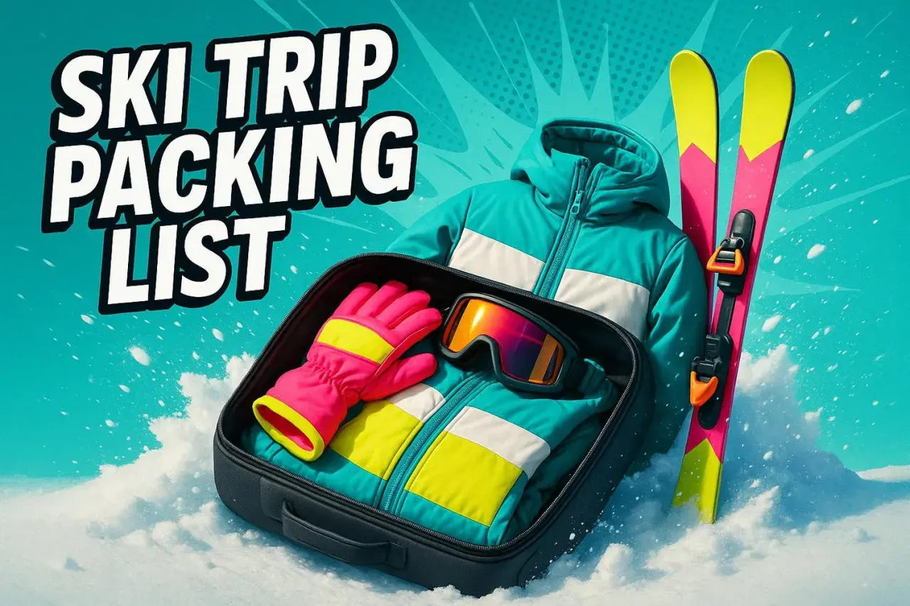 Bunte Skikleidung, Handschuhe und Skibrille in einem Koffer. Perfekt für deine Winterurlaub Packliste!