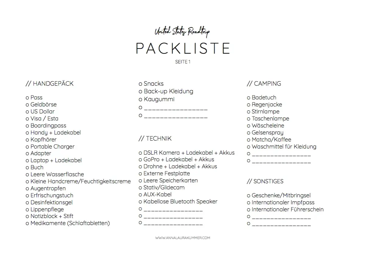Packliste USA: Handgepäck, Technik, Camping & Sonstiges. Alles für den Roadtrip dabei!
