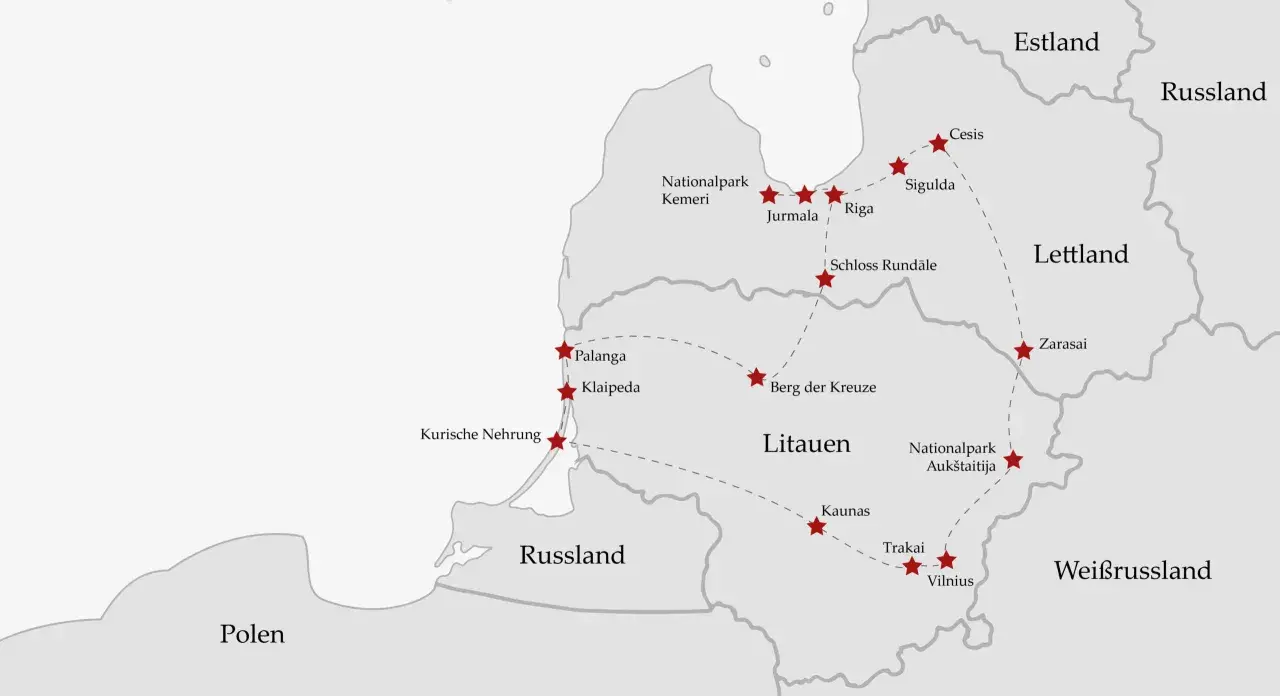 Reiseroute für einen Litauen Urlaub: Karte zeigt Vilnius, Kaunas, Trakai, Berg der Kreuze, Klaipeda, Palanga, Kurische Nehrung, Nationalpark Kemeri, Jurmala, Riga, Schloss Rundale, Cesis, Sigulda, Zarasai.