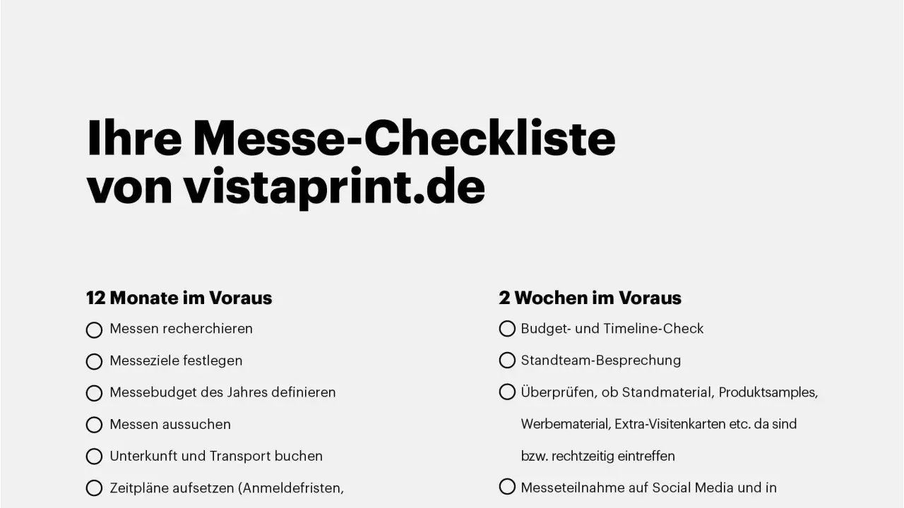 Checkliste für Ihre Messevorbereitung: Von der Budgetplanung bis zur finalen Prüfung des Standmaterials. So wird Ihre nächste Messe ein Erfolg!