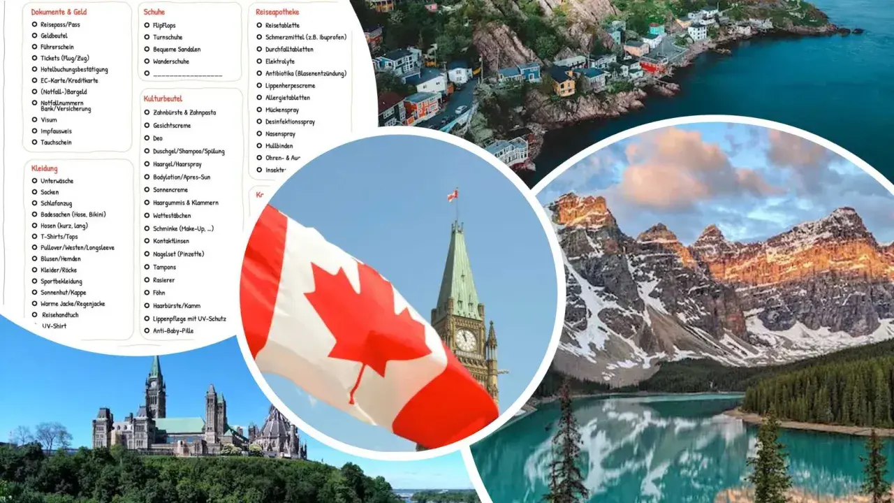 Kanada-Packliste: Dokumente, Kleidung, Schuhe, Kulturbeutel, Reiseapotheke. Mit Blick auf die Rocky Mountains und das Parlamentsgebäude.