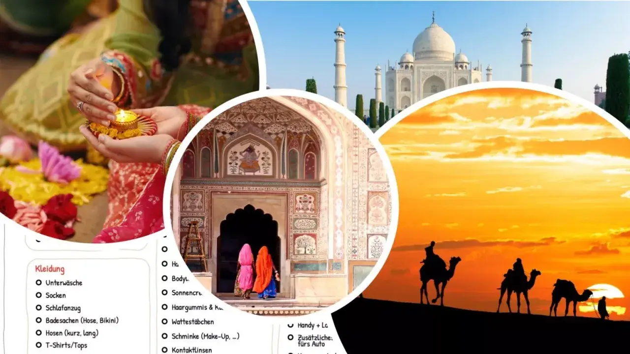 Indien Packliste: Taj Mahal, Kamelkarawane bei Sonnenuntergang, farbenfrohe Architektur & Lichter. Alles für deine Reise.