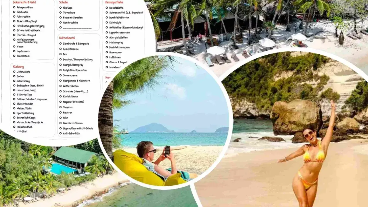 Packliste Strandurlaub: Kleidung, Schuhe, Kulturbeutel und Reiseapotheke für den perfekten Urlaub am Meer.