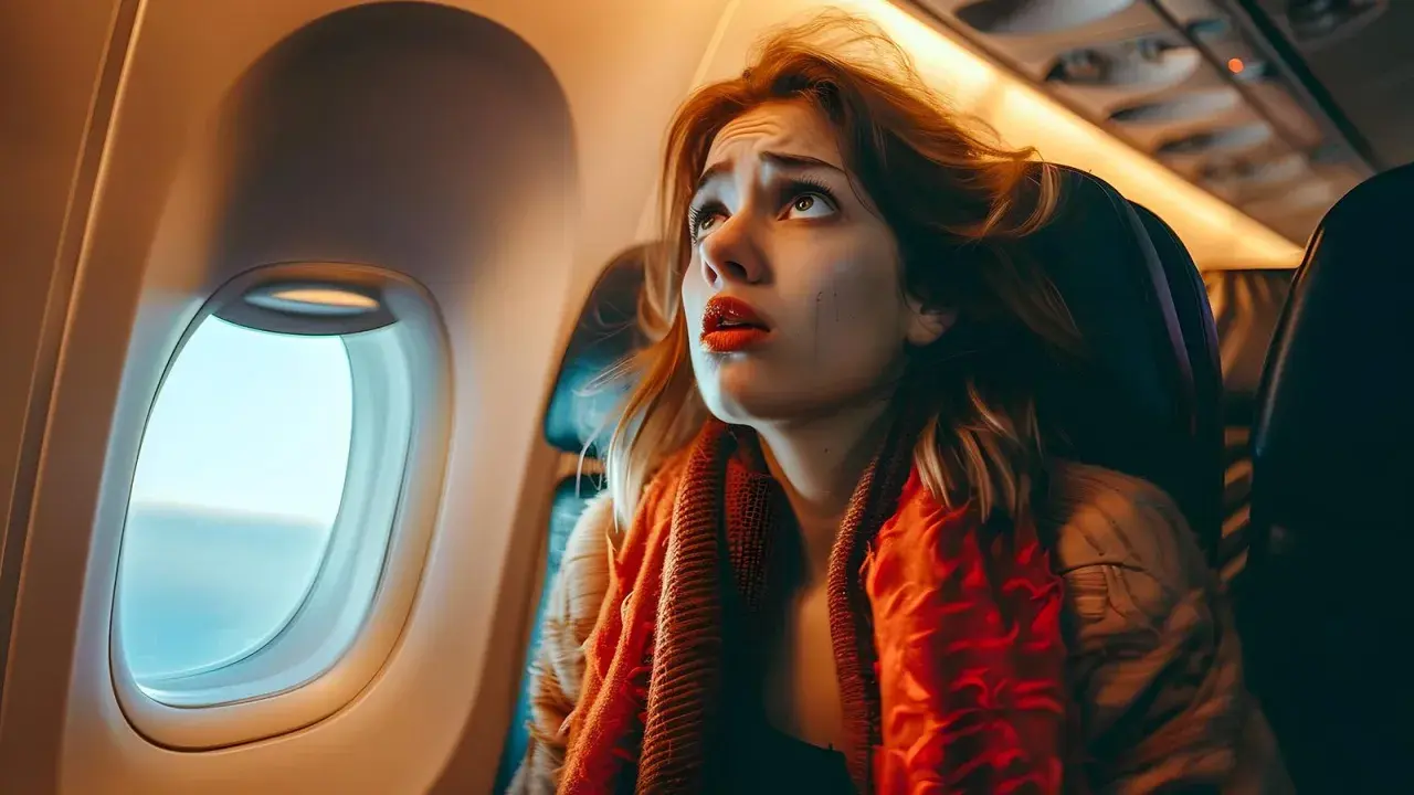 Verzweifelte Frau im Flugzeug, die nach oben blickt. Ihre panische Angst spiegelt die Erfahrungen einer Panikattacke im Flugzeug wider.