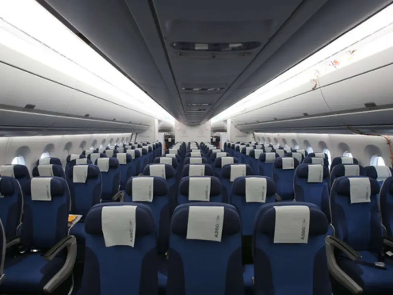 Reihe von blauen Flugzeugsitzen mit weißen Kopfstützen. Ein Sitzplatz D ist in der Mitte des Bildes zu sehen.