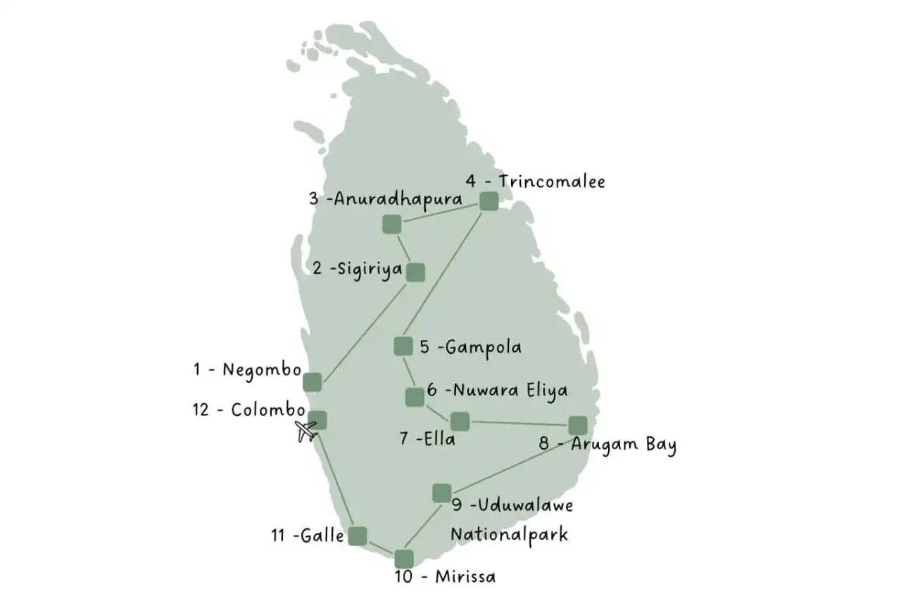 Reiseroute durch Sri Lanka: Von Negombo über Sigiriya und Ella bis nach Mirissa. Eine Entdeckungsreise durch die Insel.