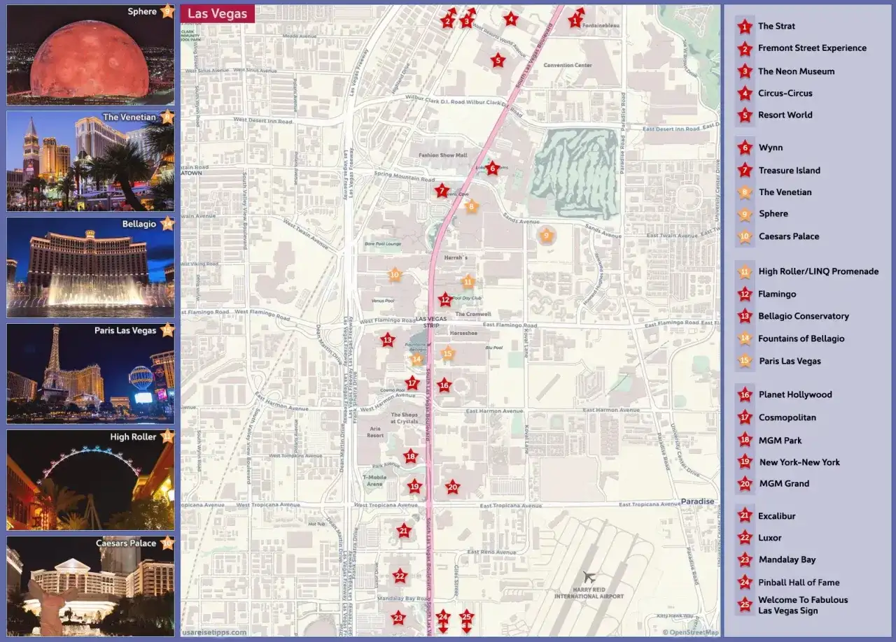 Karte von Las Vegas mit Sehenswürdigkeiten wie dem Sphere, Bellagio und dem High Roller. Die berühmte Las Vegas Strip ist markiert.
