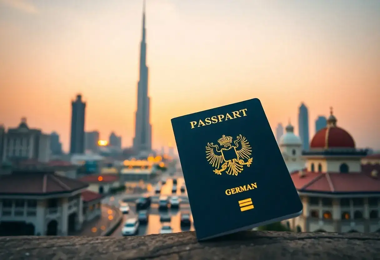Deutscher Reisepass vor der Skyline Dubais bei Sonnenuntergang. Perfekt für einen Dubai Zwischenstopp Visum.