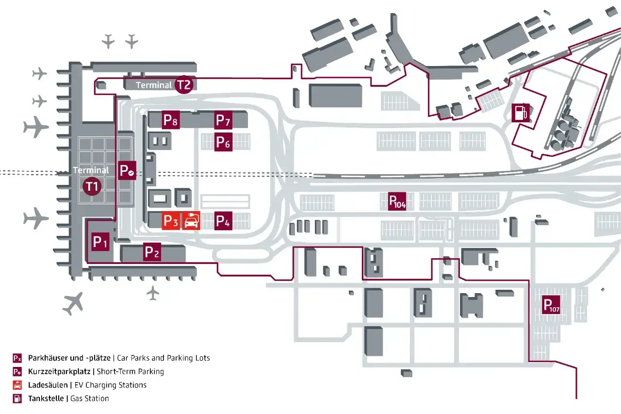 Übersicht über den Flughafen: Parkhäuser (P1-P8, P104, P107), Kurzzeitparkplätze, Ladestationen und Tankstelle. Hier finden Sie Infos zu Flughafen Berlin Parken Kosten.
