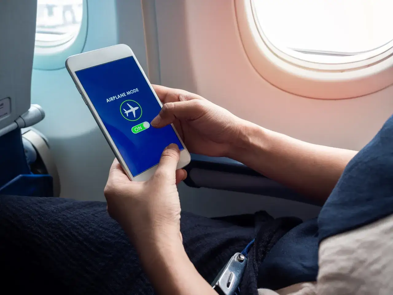 Person aktiviert den Flugmodus auf dem Handy im Flugzeug.