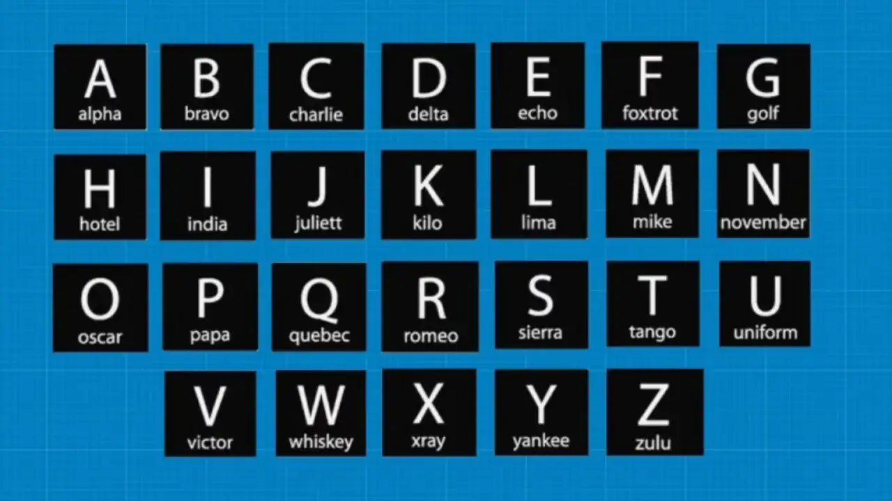 Das luftfahrt alphabet zeigt Buchstaben von A bis Z mit ihren jeweiligen W&ouml;rtern wie Alpha, Bravo, Charlie.