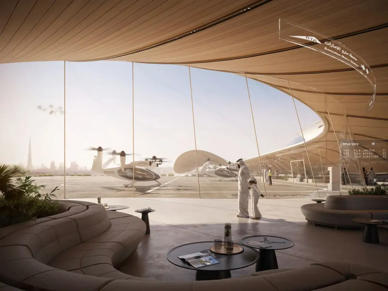Futuristischer Flughafen in Dubai mit Flugtaxis und Burj Khalifa im Hintergrund.