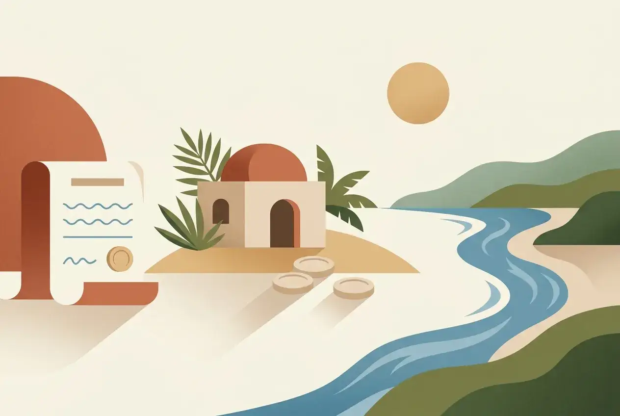Abbildung zeigt ein Dokument, das die Tourismussteuer auf Mallorca symbolisiert. Ein Haus mit Kuppel und Palmen steht am Wasser.
