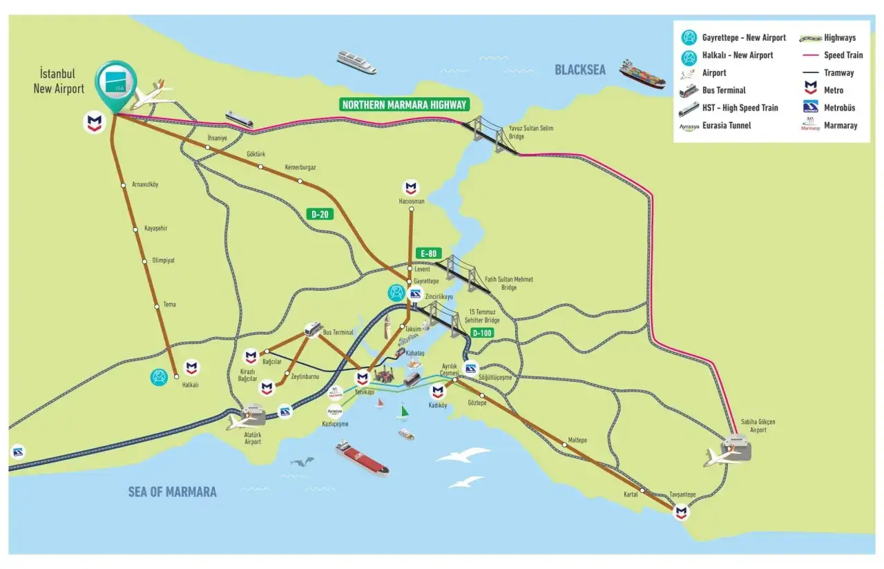 Karte zeigt den Istanbul New Airport und Verkehrsanbindungen wie Metro, Autobahnen und Brücken über den Bosporus.