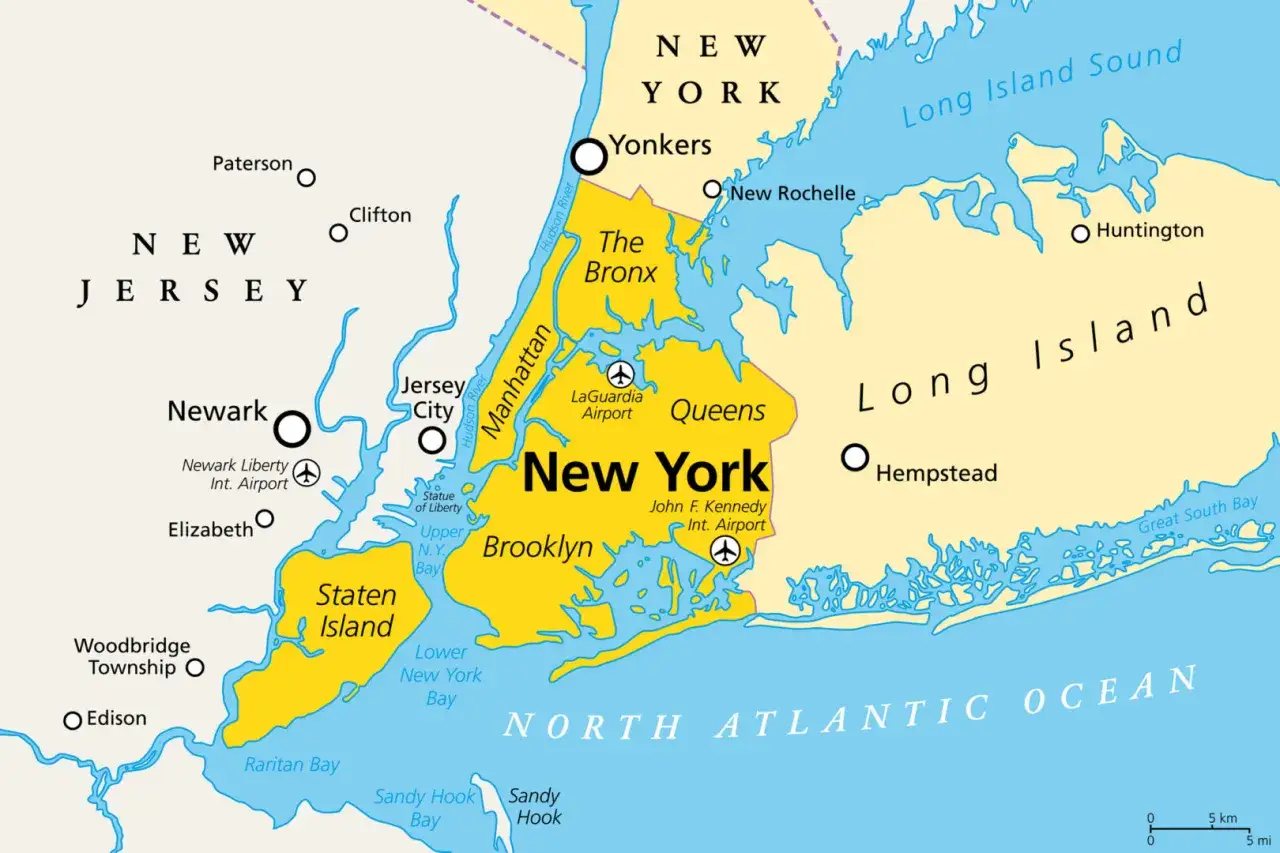 Karte von New York City mit den Flughäfen LaGuardia, JFK und Newark Liberty.