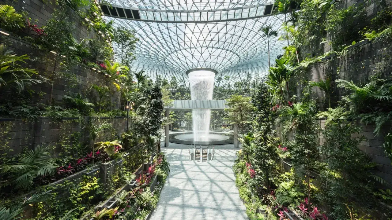 Im Singapur Flughafen Schmetterlingsgarten erwartet Sie eine üppige Oase mit einem beeindruckenden Wasserfall.