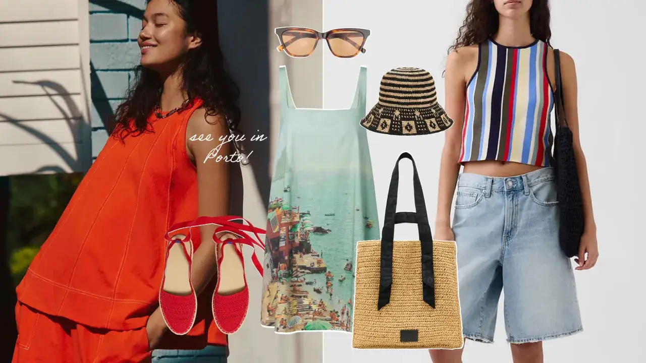 Packliste Portugal: Sommerkleid mit Hafenmotiv, rote Espadrilles, gestreiftes Top, Jeansshorts, Sonnenbrille, Strohhut und Strandtasche.