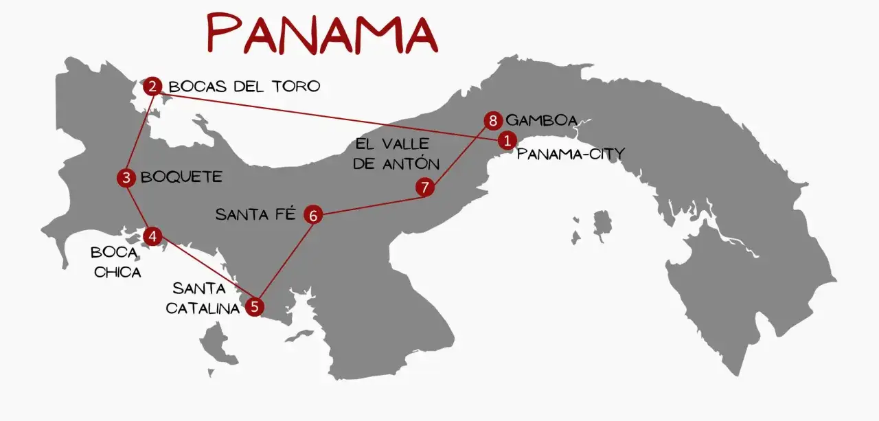 Karte von Panama mit Reiseroute: Panama-City, Gamboa, El Valle de Ant&oacute;n, Santa F&eacute;, Santa Catalina, Boca Chica, Boquete, Bocas del Toro. Perfekt f&uuml;r Ihren Panama Urlaub!