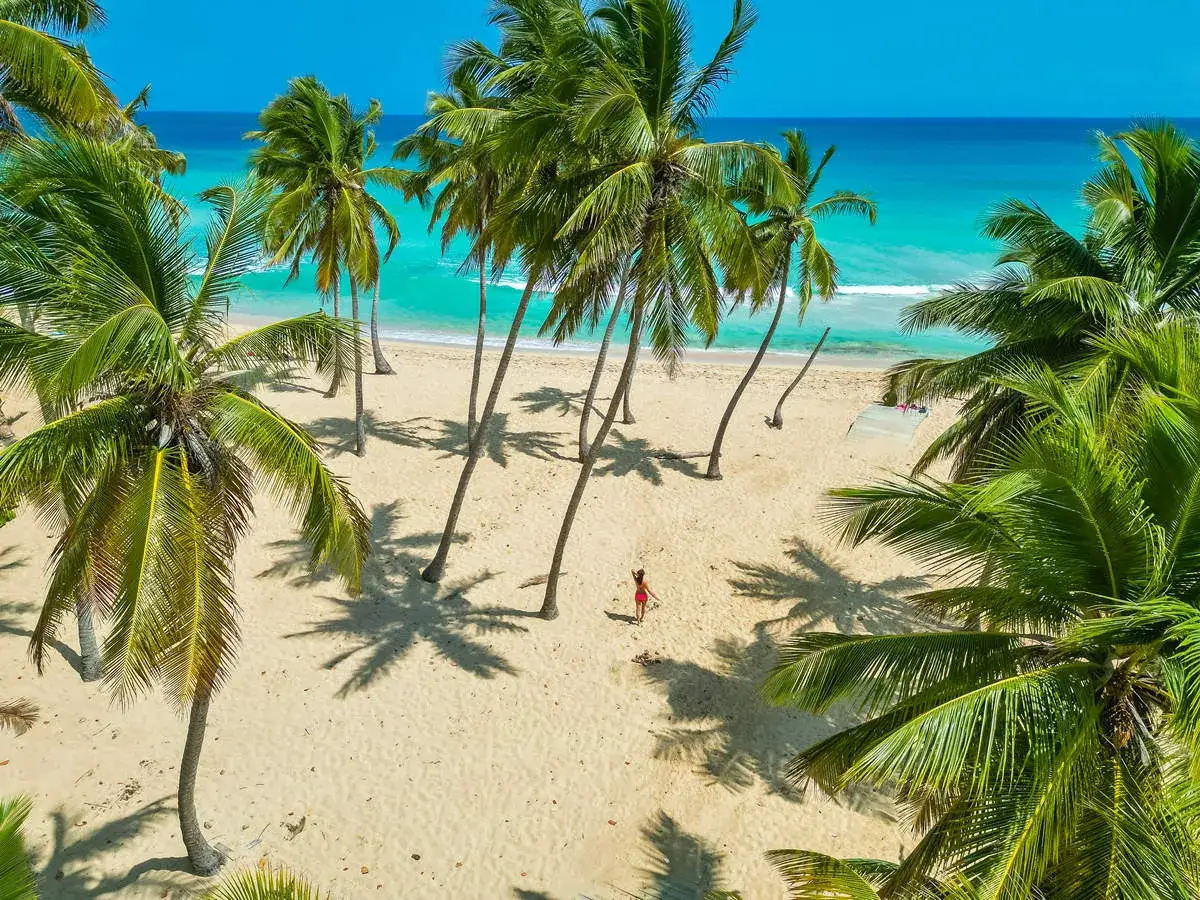 Traumhafter Strand auf der Dominikanischen Republik mit Palmen und türkisblauem Meer. Eine Frau im roten Badeanzug genießt die Sonne.