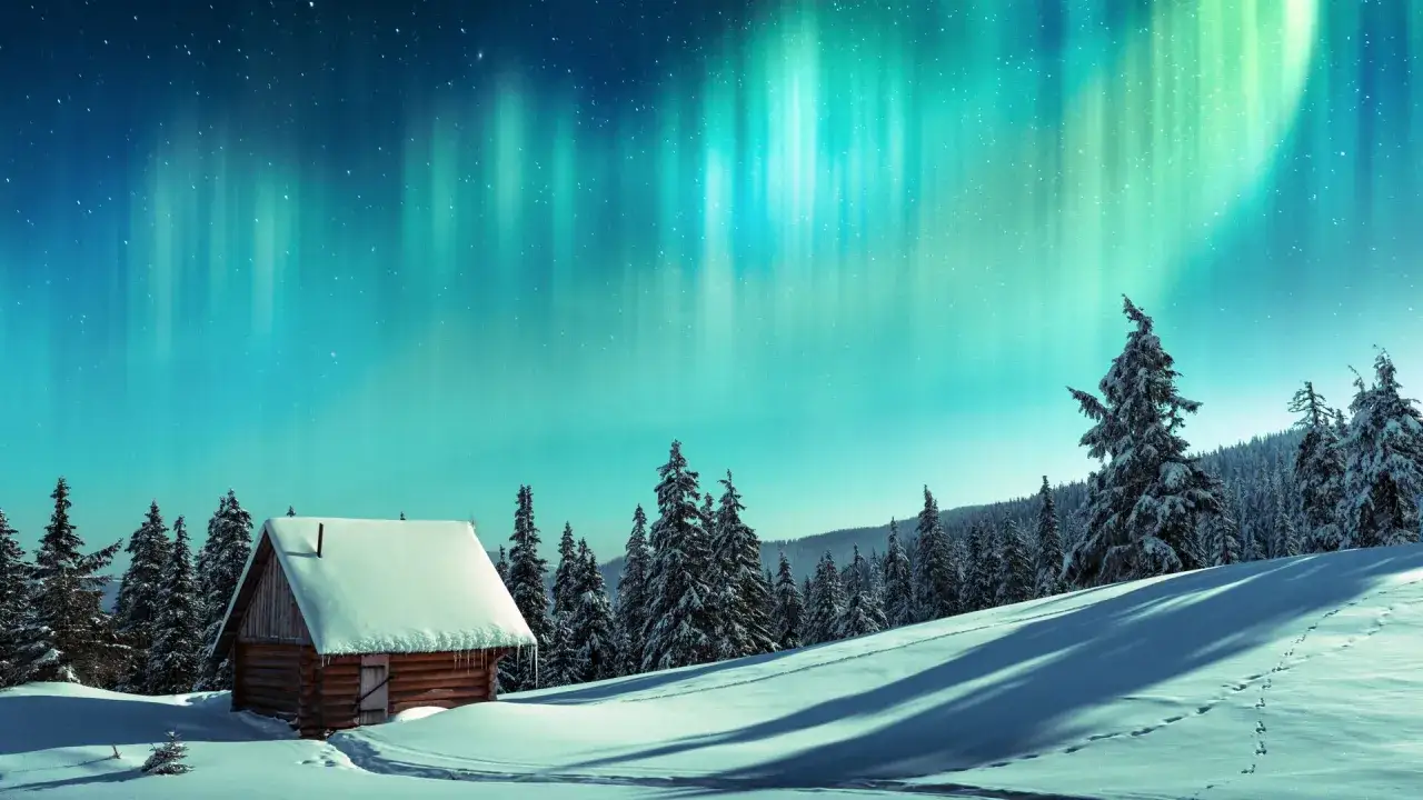 Ein verschneites Blockhaus in Lappland unter dem Nordlicht. Ein Traum für jeden Lappland Urlaub.
