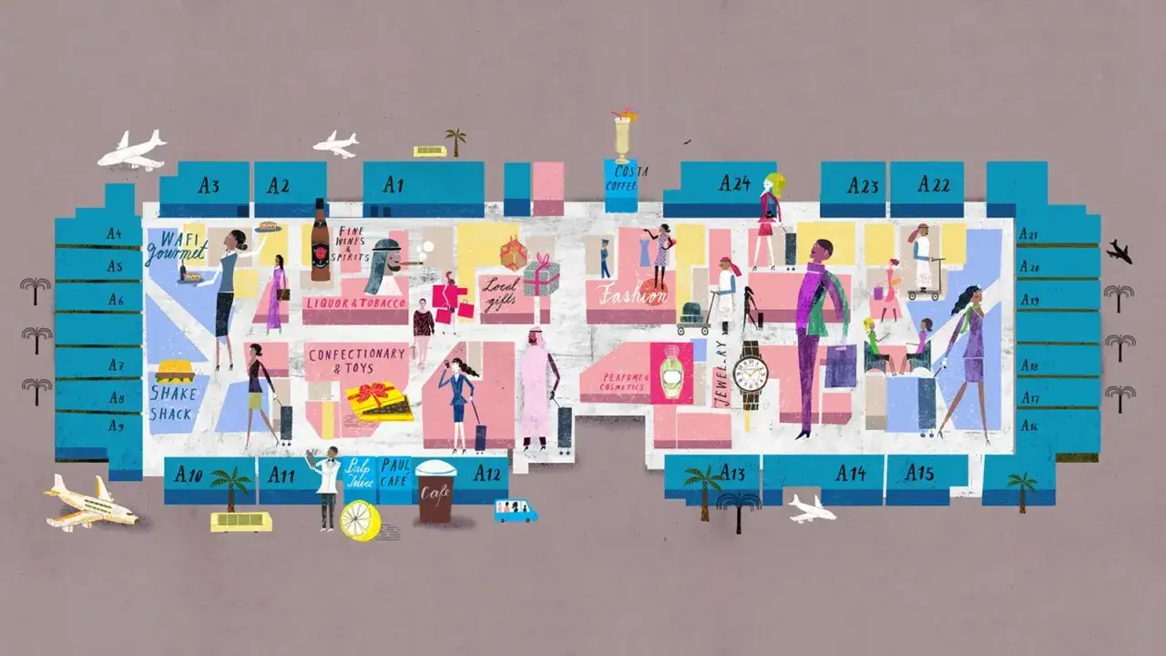 Illustration des Flughafens Dubai Terminal 3 mit Geschäften wie 