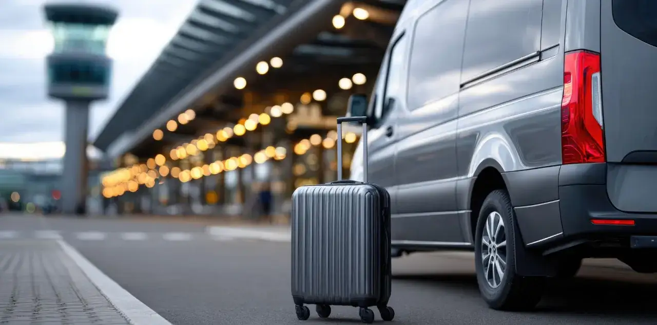 Koffer am Flughafen, bereit für den Alex Airport Shuttle. Informieren Sie sich über die Alex Airport Shuttle Preise für Ihre nächste Reise.