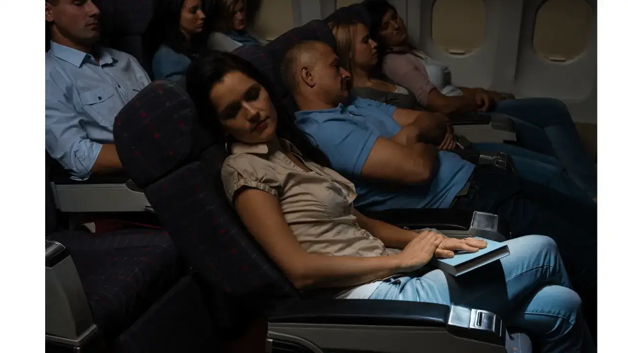 Menschen schlafen im Flugzeug, einige mit B&uuml;chern auf dem Scho&szlig;.