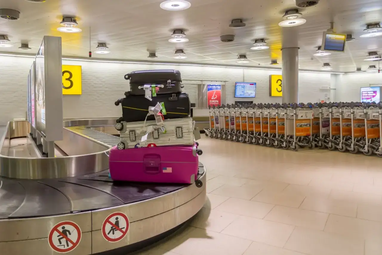 Koffer auf Gepäckband, bereit für die Kofferversteigerung Hannover. Viele Trolleys stehen daneben.