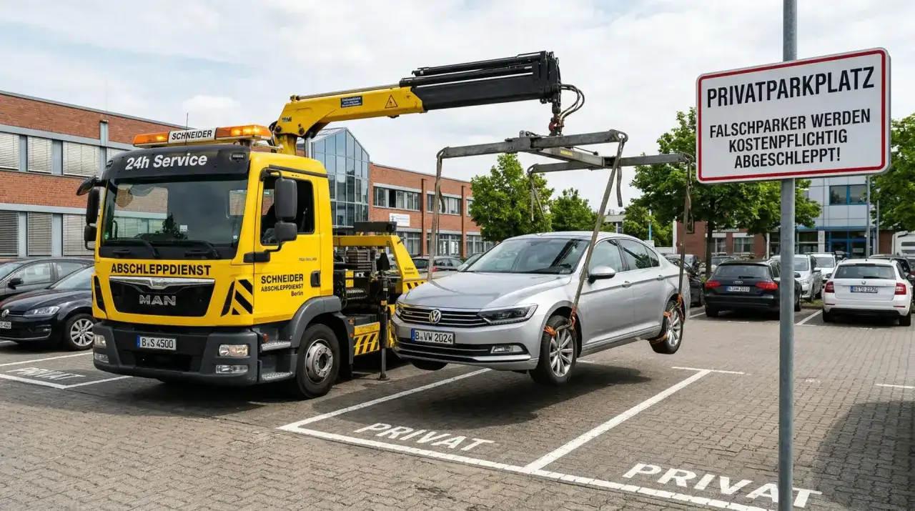 Gelber Abschleppdienst hebt silbernes Auto hoch. Ein Schild warnt: 