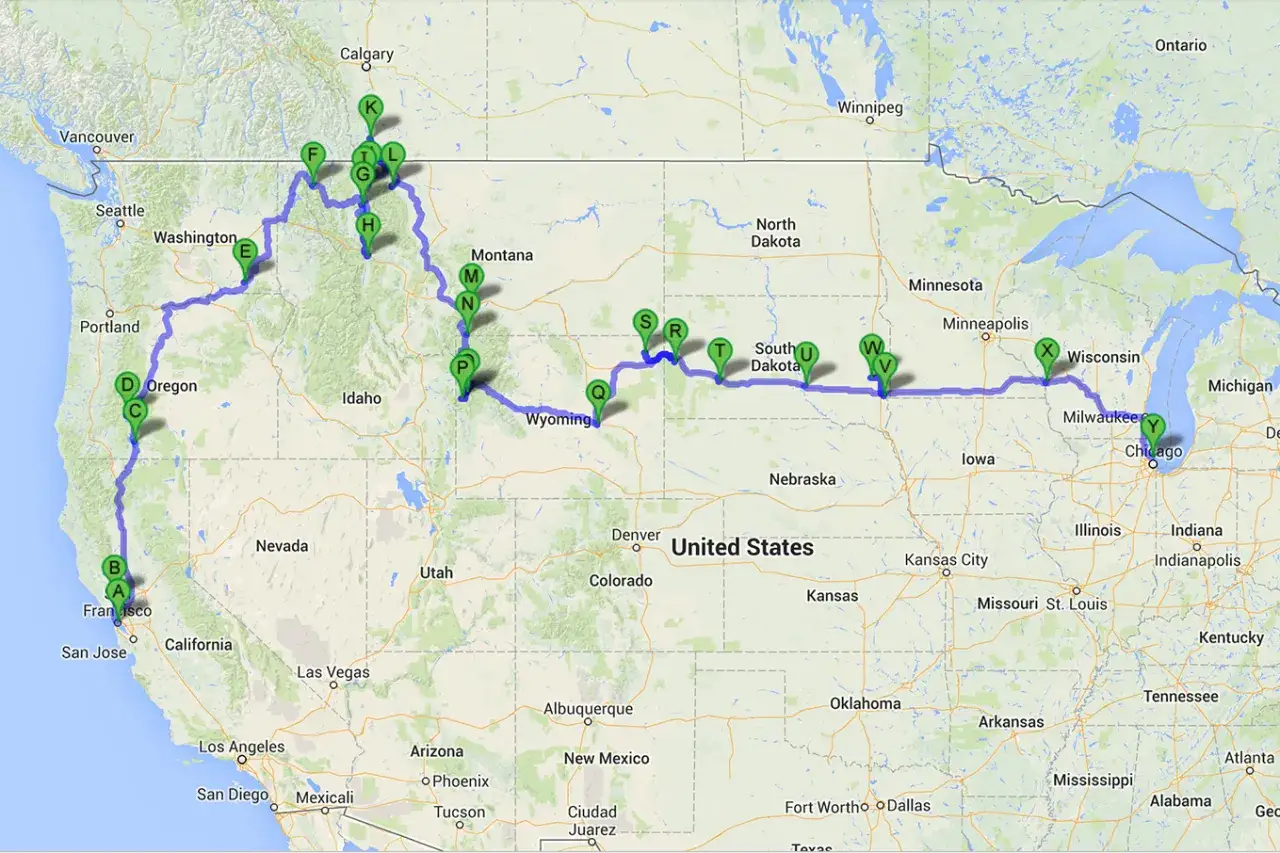 Karte einer epischen Rundreise USA von Kalifornien über die Rocky Mountains und die Great Plains bis nach Chicago.