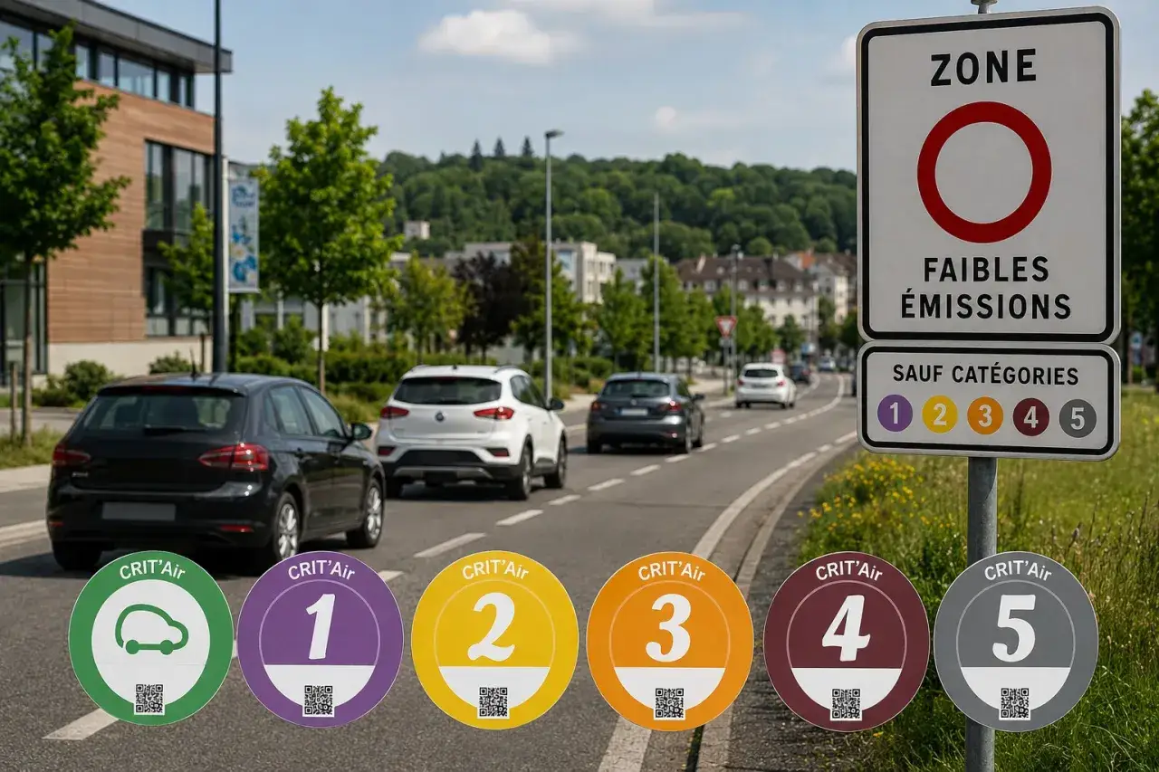 Umweltplaketten für Paris: Die Kosten für die Fahrt mit dem Auto nach Paris hängen von der Crit'Air-Kategorie ab. Hier sind die Plaketten 1-5.