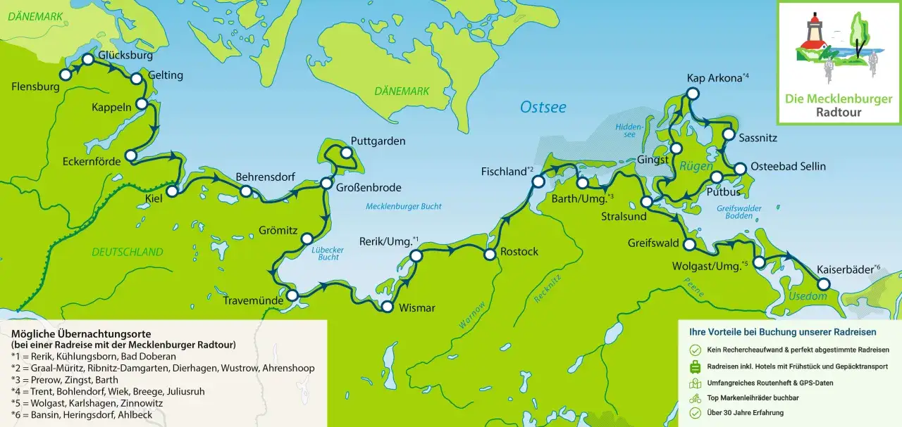 Karte der Mecklenburger Radtour entlang der Ostsee. Die Ostsee Entfernung Auto ist hier nicht relevant, da es eine Radreise ist.