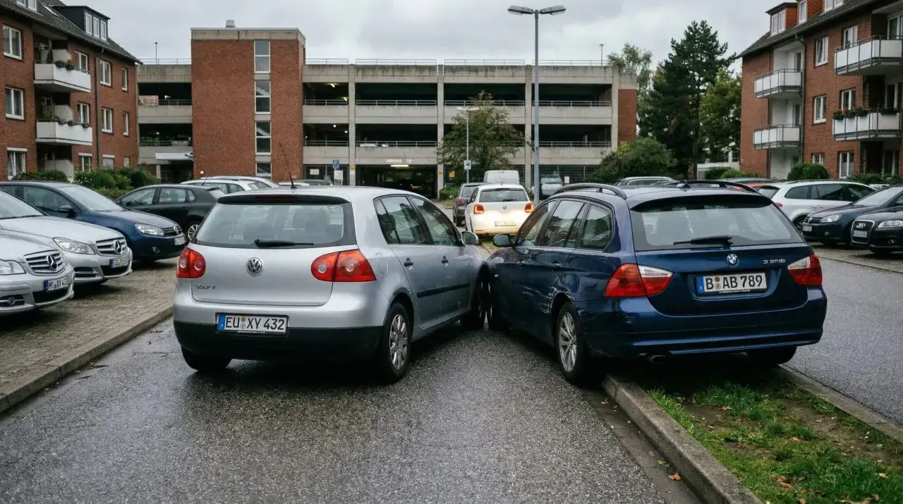 Zwei Autos stoßen auf einem Parkplatz zusammen. Ein blauer BMW hat Kratzer, ein silberner VW steht daneben. Parkplatz Unfall immer Teilschuld.