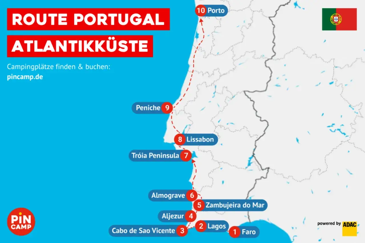 Karte der Atlantikküste Portugals für deinen Urlaub. Entdecke die Route von Porto bis Faro mit vielen Highlights.