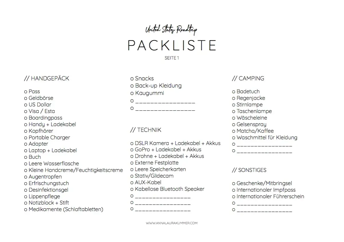 Packliste USA: Handgep&auml;ck, Technik, Camping & Sonstiges. Alles f&uuml;r den Roadtrip dabei!