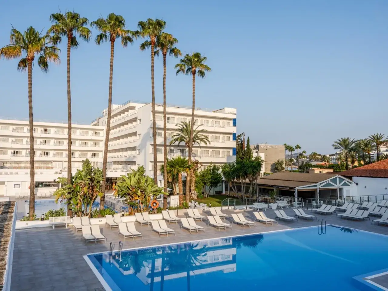 TUI Suneo Santa Ponsa: Sonnige Poolanlage mit Palmen und Liegest&uuml;hlen vor einem wei&szlig;en Hotel.